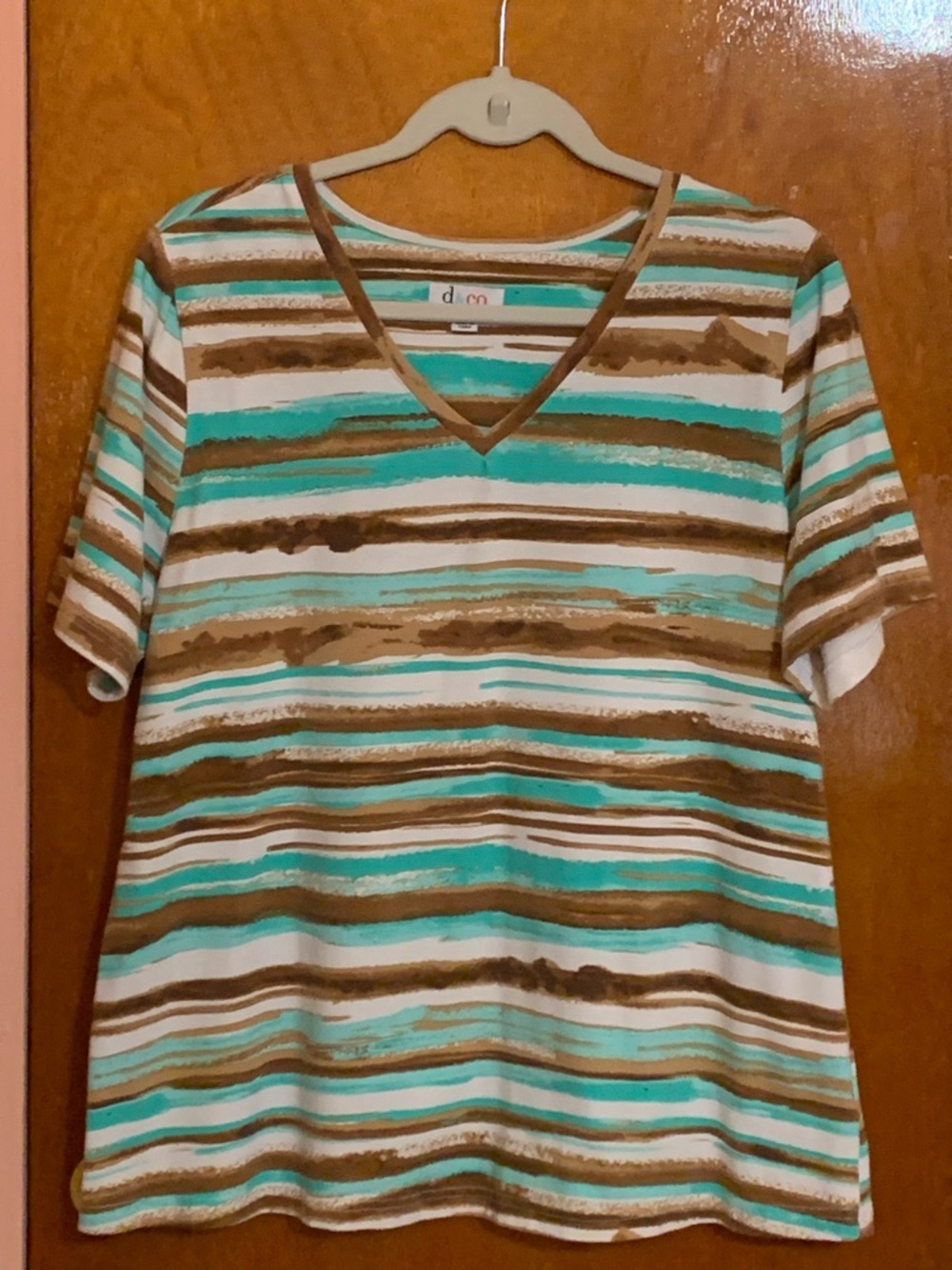 Denim&Co Brown, Turquoise & White Striped V-Neck Short Sleeve Tee L